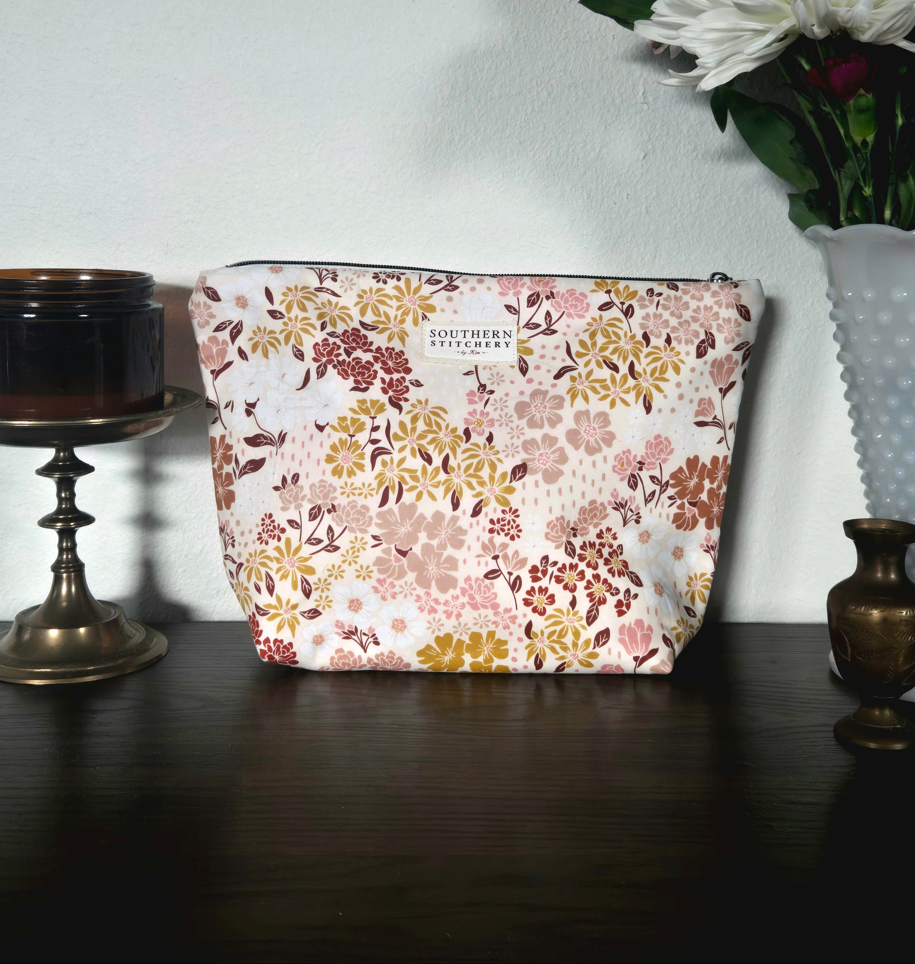 Earth Tone Floral Large Makeup Bag